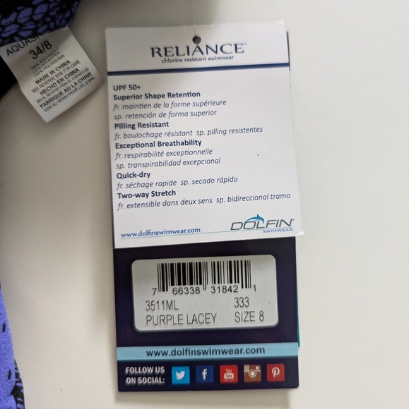 DOLFIN Women's Purple Lacey Round Neck One Piece Swimsuit, Size 8 - Picture 5 of 5